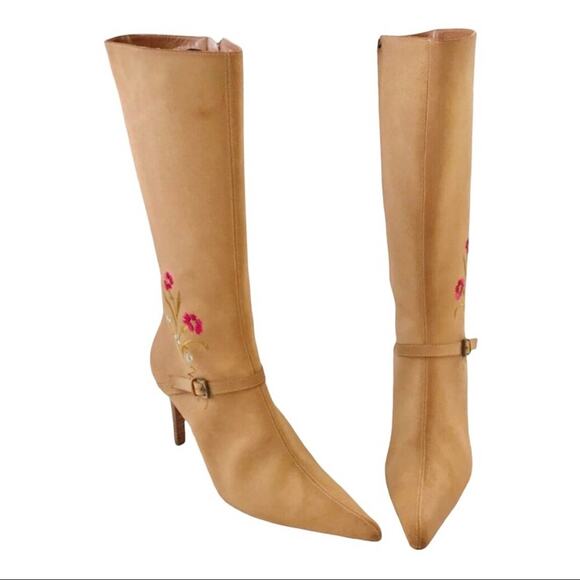 Gunmetal NWOT Western Knee Hi Boots Embroidered Flowers Leather 10B - Picture 5 of 8